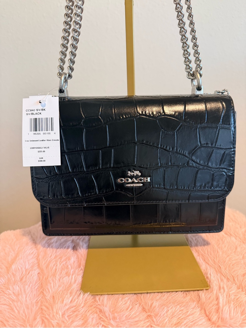 **NWT** COACH Klare Black Croc-Embossed Leather Chain Bag